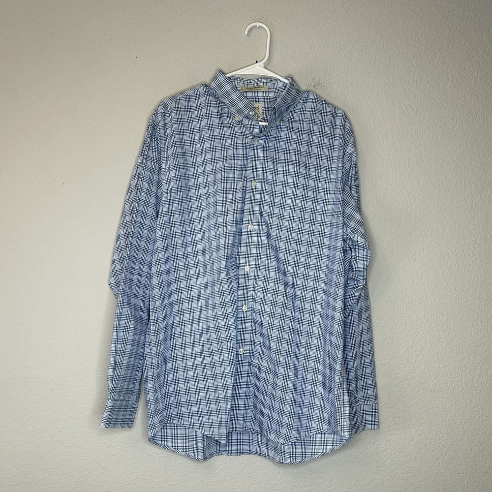 LL Bean Button Down Long Sleeve Shirt Men's L Blue White Check 100% Cotton